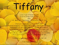 an orange leaf with the words tiffany on it in front of some yellow and red leaves