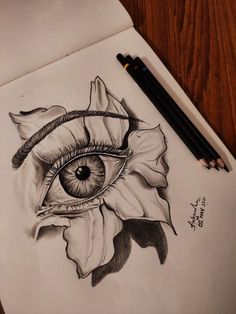 a pencil drawing of an eye and flower