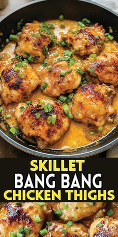 skillet bang bang chicken thighs in a skillet with green onions on the side