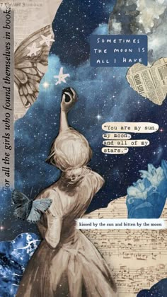 an altered collage with words and pictures on it, including a woman in a dress