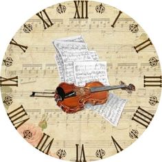 a clock with music sheets and violin on it