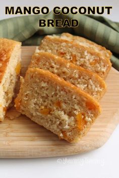 three slices of mango coconut bread on a cutting board