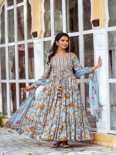 Grey Floral Tiered Anarkali Set (Set of 3) By Rivaaj now available at Trendroots Unstitched Maxi Length Anarkali Set With Gota Work, Maxi Length Sharara With Gota Work, Unstitched Gota Work Anarkali Set, Traditional Maxi Length Sharara With Gota Work, Anarkali Set With Gota Work For Festivals, Festival Anarkali Set With Gota Work In Maxi Length, Navratri Maxi Length Sharara With Resham Embroidery, Bollywood Style Maxi Length Sharara With Gota Work, Bollywood Style Maxi Sharara With Gota Work