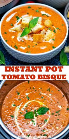 two bowls filled with tomato soup and topped with croutons, bread and basil leaves