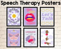 four different posters with the words speech therapy and pictures of people's faces on them