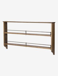 a wooden shelf with two shelves on each side and metal bars at the bottom, against a white background