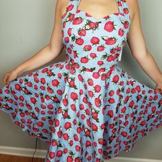 Strawberries Pin Up Dress Medium Size New Casual Strawberry Print Dress For Brunch, Casual Fitted Dress With Fruit Print, Fitted Summer Dress With Fruit Print, Cute Fitted Dress With Strawberry Print, Retro Fruit Print Dresses For Spring, Retro Dresses With Strawberry Print For Spring, Fitted Cotton Dress With Cherry Print, Fitted Sleeveless Dress With Fruit Print, Cute Fitted Cherry Print Dress