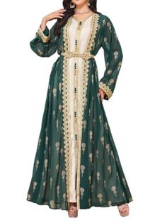 Women Elegant Dresses, Stylish Embroidered Cardigan Vest Two Piece Robe Dress Green Abaya, Habits Musulmans, Evening Dresses Short, Abaya Dress, Embroidered Cardigan, Islamic Clothing, Dresses Xxl, Princess Wedding Dresses, Cardigan Vest