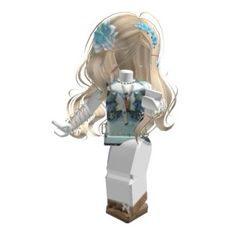 a white and blue doll with long blonde hair on top of a blocky base