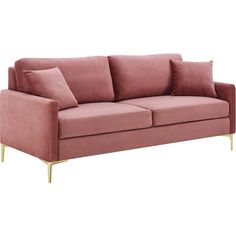 a pink couch with gold legs and pillows on it's back end, against a white background