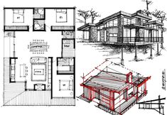 the plans for a small house with two floors and three levels, including an open floor plan