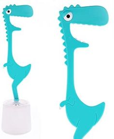 two blue plastic dinosaurs standing next to each other on top of a white surface, one with its mouth open and the other without it's head