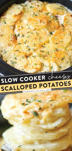 SLOW COOKER CHEESY SCALLOPED POTATOES, thanksgiving dinner recipes, potato side dishes Potato Recipes Crockpot, Slow Cooker Scalloped Potatoes, Cheesy Scalloped Potatoes, Scalloped Potatoes Cheesy, Scalloped Potato Recipes, Potato Side Dishes