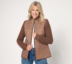 The best of both worlds, this cozy jacket features sweater sleeves and a quilted body. The perfect layer for chilly fall days (and nights), it pairs well with a long-sleeve tee, jeans, and ankle boots. From Denim & Co.® Fashions. Fall Cable Knit Outerwear For Cold Weather, Fall Cable Knit Outerwear For Work, Brown Outerwear With Ribbed Cuffs For Layering, Fitted Cable Knit Outerwear For Cold Weather, Fitted Brown Cable Knit Outerwear, Winter Cable Knit Outerwear For Layering, Long Sleeve Quilted Jacket For Fall, Quilted Puffer Jacket For Fall, Fitted Cable Knit Outerwear For Layering