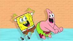 spongebob and patrick in front of a brick wall