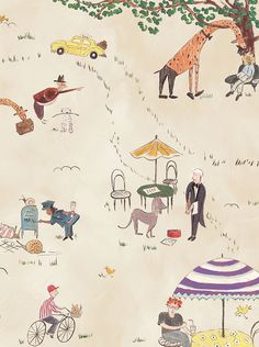 an illustration of people and animals in the sand with umbrellas, cars, and trees