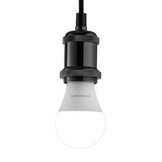 a white light bulb hanging from a black and white ceiling fixture with the word, wernma on it