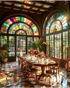 a dining room with large stained glass windows