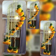 three pictures of yellow flowers hanging from the ceiling