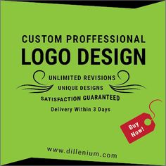 a green background with the words custom professional logo design and an image of a red tag