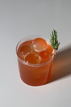 a drink in a glass with ice and a sprig of rosemary on top