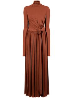 tobacco brown crepe texture layered details wraparound style self-tie fastening roll neck rear zip fastening extra-long sleeves empire line pleated skirt straight hem ankle-length Uzun Boy, Long Wrap Dress, Skirt Straight, Fashion Silhouette, Maxi Jersey Dress, Extra Long Sleeves, Pleated Maxi Dress, Strapless Maxi Dress, Roll Neck