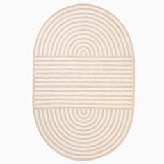 an oval rug with white stripes on the bottom and beige lines in the middle, against a white background