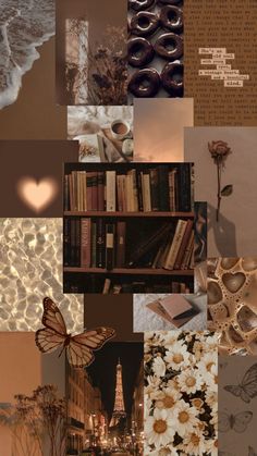 a collage of images with flowers, books, and other things in them that appear to have been altered