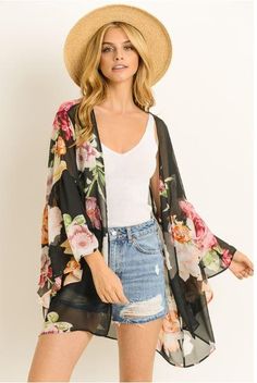 PRODUCT DESCRIPTION:-Lightweight floral chiffon kimono-Wide bell sleeves and a floral design-100% Poly, Woven-Made in USA Black Floral Kimono, Floral Kimono Cardigan, Black Leather Leggings, Chiffon Kimono, Plus Size Romper, Black Leather Pants, Short Kimono, Womens Kimono, Online Fashion Boutique