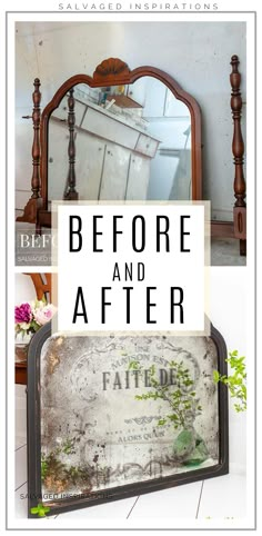 an old mirror with the words before and after on it in front of a white background