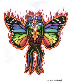 a drawing of a butterfly with two people on it's wings and flames around them