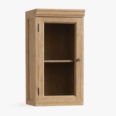 a wooden cabinet with two shelves on one side and an open door on the other