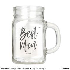 a mason jar with the words mother of the bride printed on it, sitting in front of a white background