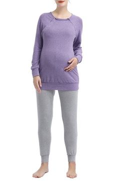 A supersoft pajama top is designed to adapt to your changing body during and after pregnancy with a relaxed fit and easy snap panel. A hidden layer along the neckline can be un-snapped and pulled aside for easy and discreet nursing. Comfy jogger-style pants complete the cozy set. Top has crewneck; long sleeves Pants have over-the-belly band 95% polyester, 5% spandex Hand wash, tumble dry Imported Cotton Nursing Friendly Long Sleeve Sleepwear, Cotton Long Sleeve Nursing-friendly Sleepwear, Nursing Friendly Long Sleeve Cotton Sleepwear, Nursing-friendly Long Sleeve Cotton Sleepwear, Cotton Long Sleeve Nursing Friendly Sleepwear, Nursing-friendly Relaxed Fit Sleepwear, Relaxed Fit Nursing-friendly Sleepwear, Comfortable Long Sleeve Tops For Loungewear, Casual Maternity Nursing-friendly Sleepwear