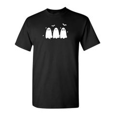 Cute ghost design t-shirt designed and made by me!  Please state size, shirt color and ghost color in customization comments. If no color for ghost is stated default color will be white. Spooky Short Sleeve T-shirt With Screen Print, Spooky White Tops With Screen Print, Spooky White Top With Screen Print, Spooky White T-shirt With Custom Print, White Short Sleeve Spooky T-shirt, White Short Sleeve T-shirt For Halloween, Spooky Custom Print Crew Neck T-shirt, Ghost Design, Spooky Ghost