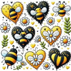 bees and hearts with flowers on them