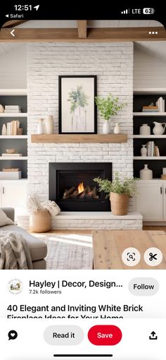 a living room filled with furniture and a fire place in front of a white brick wall