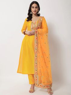 Silk Yellow Embroidered & Embellished Suit Set with Net Dupatta Yellow Chanderi Palazzo Set With Embroidered Border, Yellow Anarkali Palazzo Set With Embroidered Border, Yellow Embroidered Palazzo Set For Festivals, Yellow Palazzo Set With Embroidered Border For Diwali, Diwali Yellow Palazzo Set With Embroidered Border, Diwali Yellow Embroidered Palazzo Set, Diwali Embroidered Palazzo Set With Straight Kurta, Yellow Embroidered Salwar Kameez With Straight Kurta, Yellow Salwar Kameez With Embroidered Border