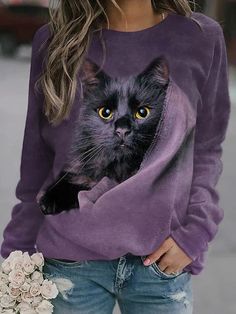 Purple Casual Graphic Tops Round Neck Long Sleeve Cat Printed Sweatshirts Puppy Prints, Purple Cat, Comfortable Sweater, Cat Sweatshirt, Beautiful Sweater, Round Neck Sweaters, Street Outfit, Belleza Natural, Print Pullover