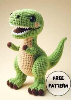 a crocheted stuffed dinosaur is shown with the text free pattern on it's side