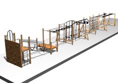 a set of wooden play structures with climbing bars and slides in the middle, on a white background