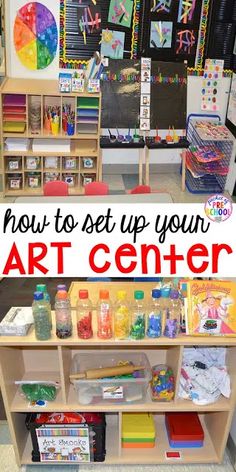 an art center with lots of crafting supplies on the shelves and in front of it is a sign that says how to set up your art center