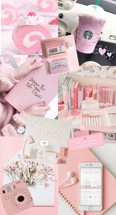 a collage of photos with pink and white items on it, including notebooks, pens