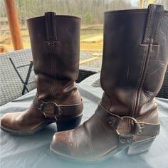 Size 6.5, Some Scuffing By Toes/In Front. Otherwise Good Shape. Rustic Leather Moto Boots With Snip Toe, Rustic Leather Moto Boots For Ranch, Leather Moto Boots With Goodyear Welt For Western Events, Rustic Leather Moto Boots With Reinforced Heel, Frye Brown Boots, Brown Mid-calf Boots With Reinforced Heel And Snip Toe, Frye Shoes, Brown Leather Boots, Leather Boots