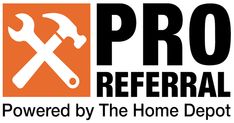 the pro refer logo with two wrens and an orange square that says, powered by the home depot