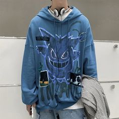 Insane' Dark Gengar Oversized Cotton Hoodie - DYSTOPIɅN ™️ | Dystopian Streetwear Cheap Urban Long Sleeve Hoodie, Cheap Purple Hoodie With Graphic Print, Blue Harajuku Sweatshirt For Winter, Blue Hip Hop Hoodie, Blue Hip Hop Hoodie For Fall, Blue Hooded Halloween Hoodie, Hip Hop Style Blue Fall Hoodie, Blue Halloween Hoodie, Blue Long Sleeve Hoodie For Halloween