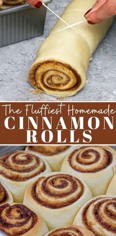 cinnamon rolls are being cut into pieces and placed on top of each other with a knife