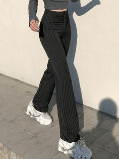 ⚡️Buy Pinstripe Straight Tailor Pants Black S under $38.00 in Straight Leg Pants Online. Style: Casual, Street. Color: Black. Main Material: Polyester, Spandex. Fit Type: Regular. Design: Zipper Fly, High Waisted. ✓Free Shipping on all orders over US$69. Casual Tight Elastane Pants, Casual High Stretch Elastane Pants, High Stretch Elastane Casual Pants, Casual High Stretch Straight Pants, Casual Stretch Straight Leggings, Tailor Pants, Stripe Pants Outfit, Ribbed Flares, Best Casual Outfits