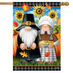 a painting of two gnomes sitting at a picnic table with pumpkins and sunflowers in the background