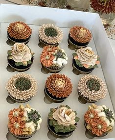 twelve cupcakes decorated with flowers and succulents in a white box